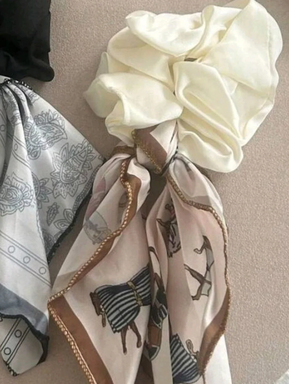 NEW! Classic- Chic Cream Scarf- Scrunchie Hair Bow - Elegant Printed